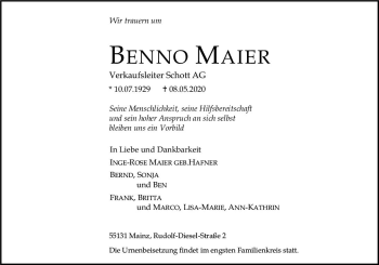 Traueranzeige von Benno Maier von vrm-trauer