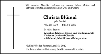 Traueranzeige von Christa Blümel von vrm-trauer
