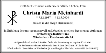 Traueranzeige von Christa Maria Meinhardt von vrm-trauer