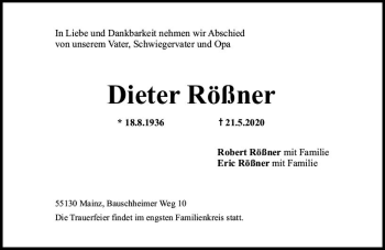Traueranzeige von Dieter Rößner von vrm-trauer
