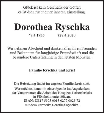 Traueranzeige von Dorothea Ryschka von vrm-trauer