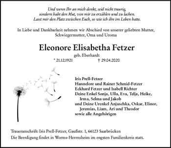 Traueranzeige von Eleonore Elisabetha Fetzer von vrm-trauer