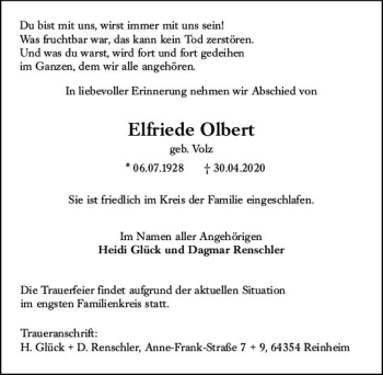 Traueranzeige von Elfriede Olbert von vrm-trauer