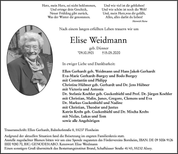 Traueranzeige von Elise Weidmann von vrm-trauer