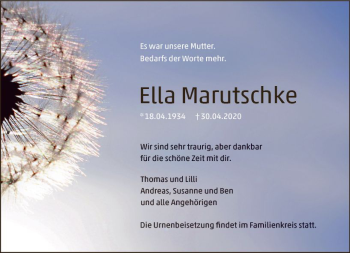 Traueranzeige von Ella Marutschke von vrm-trauer