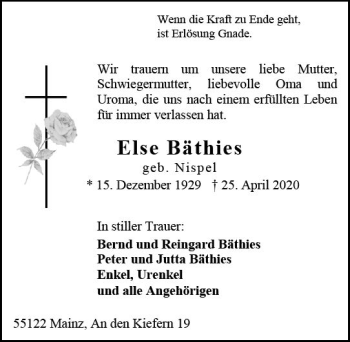 Traueranzeige von Else Bäthies von vrm-trauer