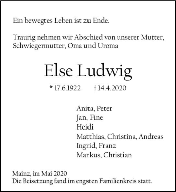 Traueranzeige von Else Ludwig von vrm-trauer
