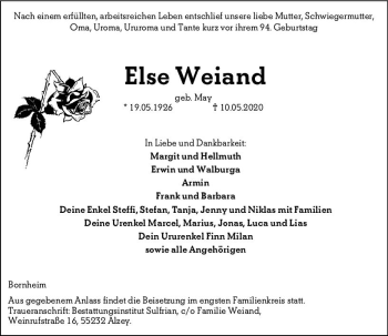 Traueranzeige von Else Weiand von vrm-trauer