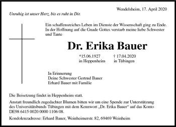 Traueranzeige von Erika Bauer von vrm-trauer