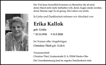Traueranzeige von Erika  Kallok von vrm-trauer