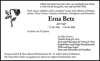 Traueranzeige von Erna Betz von vrm-trauer