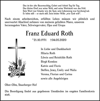 Traueranzeige von Franz Eduard Roth von vrm-trauer