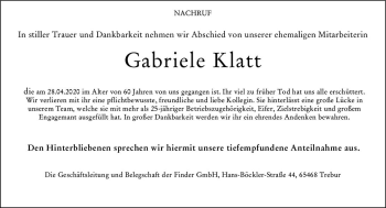 Traueranzeige von Gabriele Klatt von vrm-trauer