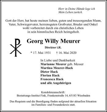 Traueranzeige von Georg Willy Meurer von vrm-trauer