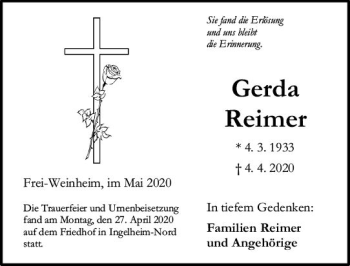 Traueranzeige von Gerda Reimer von vrm-trauer