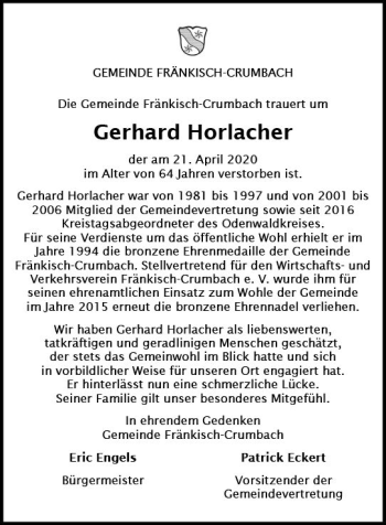 Traueranzeige von Gerhard Horlacher von vrm-trauer