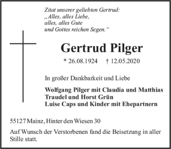 Traueranzeige von Gertrud Pilger von vrm-trauer