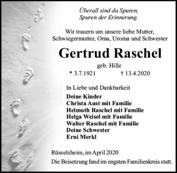 Traueranzeige von Gertrud Raschel von vrm-trauer