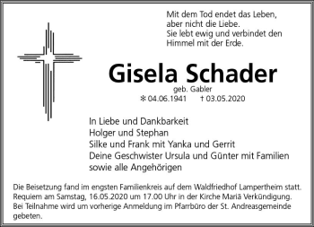 Traueranzeige von Gisela Schader von vrm-trauer
