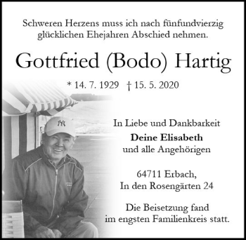 Traueranzeige von Gottfried  Hartig von vrm-trauer