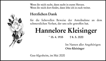 Traueranzeige von Hannelore Kleisinger von vrm-trauer