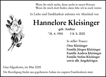 Traueranzeige von Hannelore Kleisinger von vrm-trauer