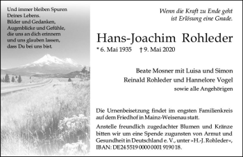Traueranzeige von Hans-Joachim Rohleder von vrm-trauer