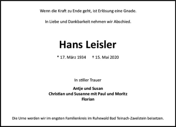 Traueranzeige von Hans Leisler von vrm-trauer