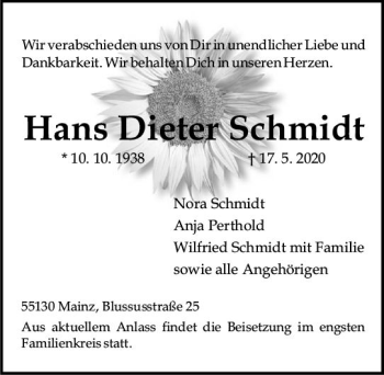 Traueranzeige von Hans Dieter Schmidt von vrm-trauer