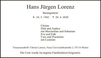 Traueranzeige von Hans Jürgen Lorenz von vrm-trauer