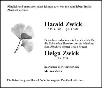 Traueranzeige von Harald Zwick von vrm-trauer