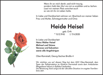 Traueranzeige von Heide Heisel von vrm-trauer