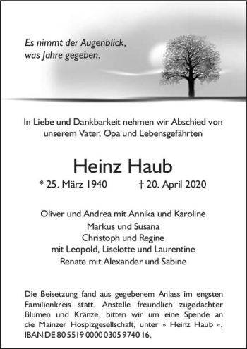Traueranzeige von Heinz Haub von vrm-trauer