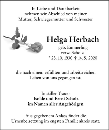 Traueranzeige von Helga Herbach von vrm-trauer