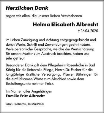 Traueranzeige von Helma Albrecht von vrm-trauer