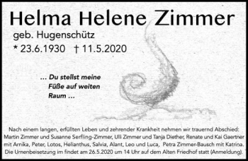 Traueranzeige von Helma Helene Zimmer von vrm-trauer