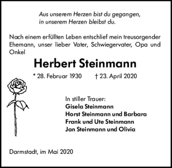 Traueranzeige von Herbert Steinmann von vrm-trauer