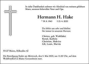 Traueranzeige von Hermann H. Hake von vrm-trauer