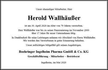 Traueranzeige von Herold Wallhäußer von vrm-trauer