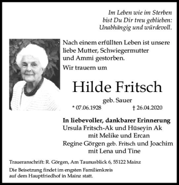 Traueranzeige von Hilde Fritsch von vrm-trauer