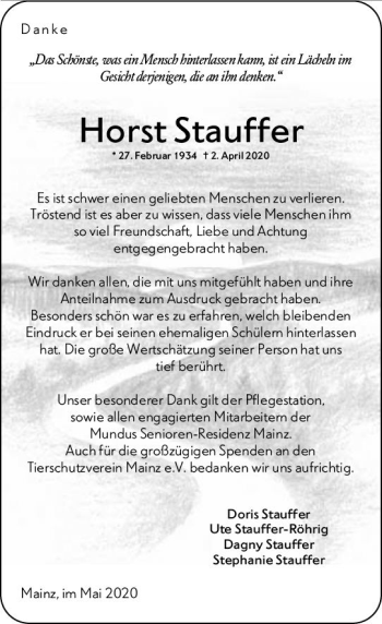 Traueranzeige von Horst Stauffer von vrm-trauer