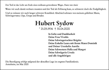 Traueranzeige von Hubert Sydow von vrm-trauer