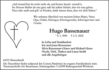 Traueranzeige von Hugo Bassenauer von vrm-trauer