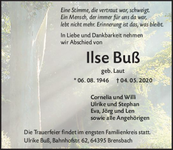 Traueranzeige von Ilse Buß von vrm-trauer