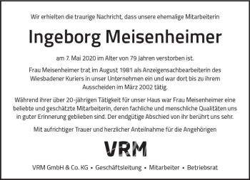 Traueranzeige von Ingeborg Meisenheimer von vrm-trauer