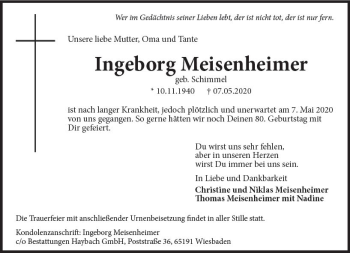 Traueranzeige von Ingeborg Meisenheimer von vrm-trauer
