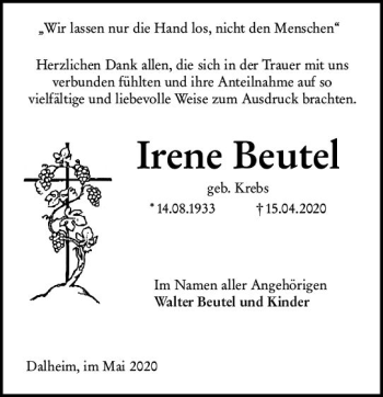 Traueranzeige von Irene Beutel von vrm-trauer