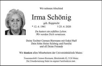 Traueranzeige von Irma Schönig von vrm-trauer