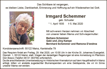 Traueranzeige von Irmgard Schemmer von vrm-trauer