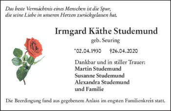 Traueranzeige von Irmgard Käthe Studemund von vrm-trauer